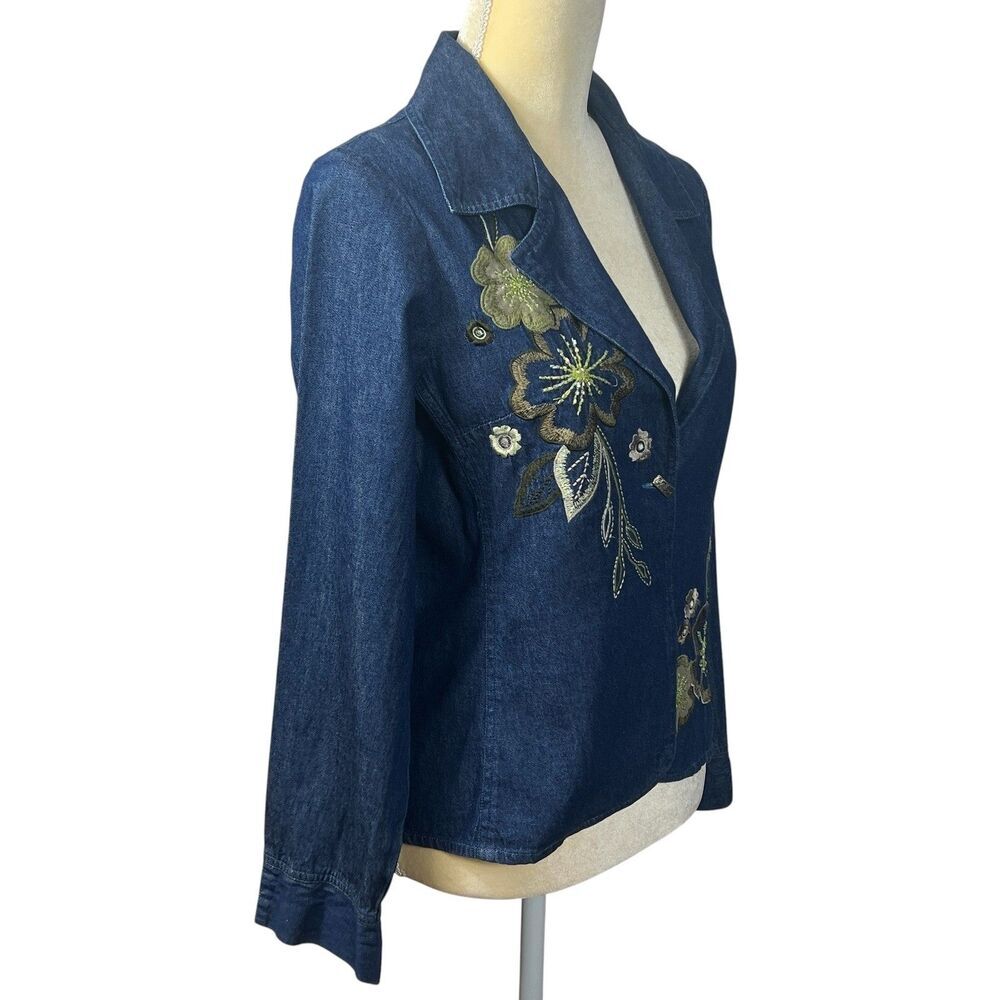 Tantrums Women's PS Blue Denim Floral Embroidered Beaded Blazer Jacket Cotton - Picture 8 of 14